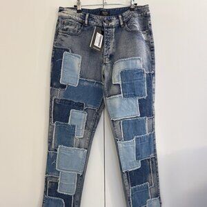 NWT BOOHOOMAN PATCHWORK JEANS (SIZE 34)